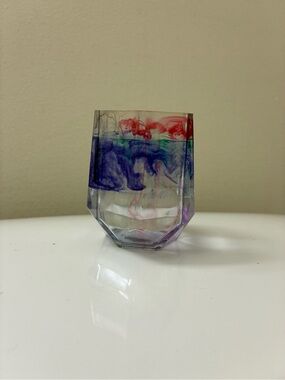 Geometric Decorative resin pen holder cup with Red, Blue, and Green Swirl Design